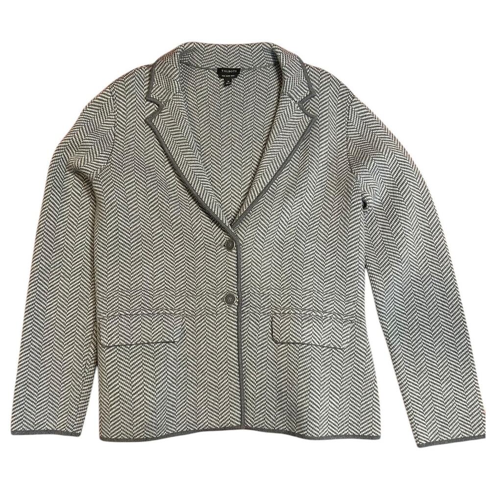 TALBOTS Women's Merino Wool Sweater Jacket MEDIUM Cardigan Gray Herringbone